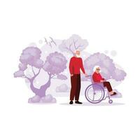 le personnes âgées couple est ensemble dans le parc, et le grand-père pousse de grand-mère fauteuil roulant. tendance moderne vecteur plat illustration.