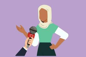 personnage plat dessin entretien avec Jeune magnifique arabe fille. numérique journalisme logo. nouvelles conférence monde vivre la télé mains de journaliste microphones entretien. dessin animé conception vecteur illustration