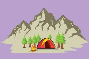 dessin animé plat style dessin été camping journée et le coucher du soleil affiche, logo. bannières avec montagnes, des arbres, tente et feu de camp. escalade, randonnée, vacances, trekking des sports. graphique conception vecteur illustration