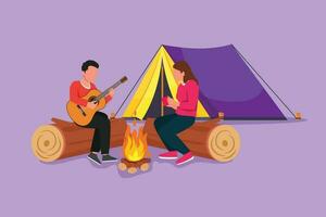 personnage plat dessin homme femme avoir chaud près feu de camp. fille en buvant thé et gars en jouant guitare, séance sur journaux. couple près feu, romantique Date camping. dessin animé conception vecteur illustration