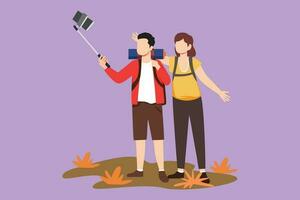 dessin animé plat style dessin de romantique couple touristique avec sac à dos prise selfie plus de magnifique la nature paysage Contexte. Jeune homme et femme randonnée la nature voyage. graphique conception vecteur illustration