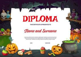 Halloween des gamins diplôme avec sorcière la grotte et citrouille vecteur