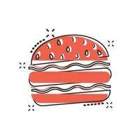 icône de restauration rapide de burger de dessin animé de vecteur dans le style comique. pictogramme d'illustration de signe de hamburger. concept d'effet d'éclaboussure d'entreprise de hamburger.