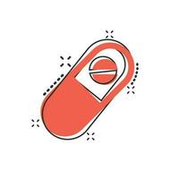 icône de tablette de pilules de capsule de dessin animé de vecteur dans le style comique. pictogramme d'illustration de concept de pilules médicales. concept d'effet d'éclaboussure de capsule et de drogue.