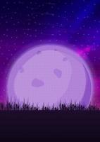 paysage violet de nuit avec une grande lune à l'horizon, un ciel étoilé et une météorite qui tombe vecteur