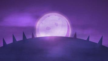 paysage de nuit rose de dessin animé avec la pleine lune, le ciel étoilé et la colline avec des pins vecteur