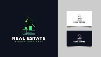 logo immobilier minimaliste avec style de ligne en dégradé vert. modèle de conception de logo de construction, d'architecture ou de bâtiment vecteur