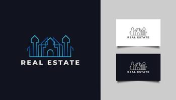 logo immobilier minimaliste avec style de ligne en dégradé bleu. modèle de conception de logo de construction, d'architecture ou de bâtiment vecteur