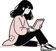 femme en utilisant portable ordinateur dans minimaliste main tiré style vecteur illustration