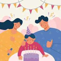 illustration vectorielle de famille célébrant l'anniversaire de leur fils ensemble. portrait de vacances en famille heureux. petit garçon souffle les bougies sur le gâteau vecteur
