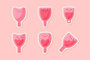 ensemble de personnages mignons de coupe menstruelle. différents types de gobelets en silicone, vides et pleins. hygiène féminine, médecine, menstruation, concept zéro déchet. illustration de dessin animé plat de vecteur