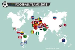 coupe de football 2018. drapeaux de pays des équipes de football sur fond de carte du monde. vecteur pour le concept de tournoi de championnat du monde international 2018. conception plate.