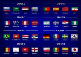 ensemble de groupe d'équipe de coupe de football. drapeaux nationaux ondulés réalistes sur fond de couleur bleu dégradé. vecteur pour le tournoi de championnat du monde international 2018.