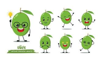 mignonne vert olive dessin animé avec beaucoup expressions. fruit différent activité pose vecteur illustration plat conception ensemble.