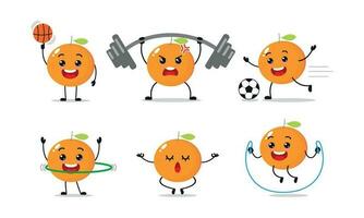 Orange exercice différent sport activité vecteur illustration autocollant. mandarine beaucoup visage expression ensemble.