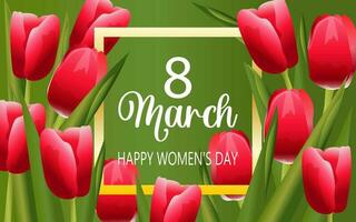 international aux femmes journée 8 mars. rouge tulipes sur une vert horizontal Contexte. floral carte pour le printemps vacances. vecteur. vecteur