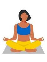 une femme est assis traverser pattes et médite. une Jeune athlétique fille avec court noir cheveux est engagé dans physique et mental santé. méditation et yoga. vecteur. vecteur