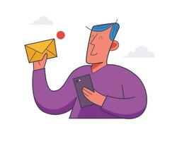 affaires homme avec téléphone Envoi en cours message. email commercialisation, bulletin, nouvelles, des offres, promotions vecteur