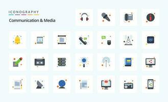 25 pack d'icônes de couleur plate de communication et de médias vecteur