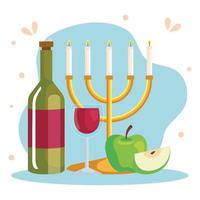 célébration de rosh hashanah, nouvel an juif, avec lustre, vin et pommes vecteur