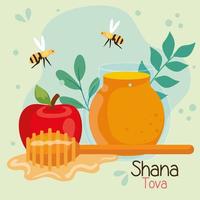 célébration de rosh hashanah, nouvel an juif, avec du miel, des abeilles volantes et des pommes vecteur