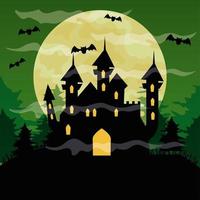 joyeux fond d'halloween avec château hanté, chauves-souris volant et pleine lune sur ciel vert vecteur