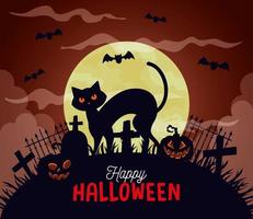 joyeux fond d'halloween avec chat, citrouilles, chauves-souris volant et pleine lune vecteur