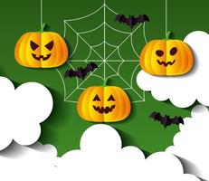 bannière d'halloween heureuse, avec des citrouilles suspendues et des chauves-souris volant dans un style découpé en papier vecteur