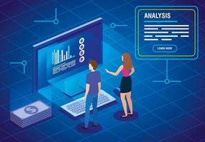 femme d'affaires avec ordinateur portable et analyse de données vecteur