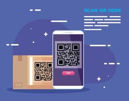 smartphone avec scan code qr et boîte carton vecteur