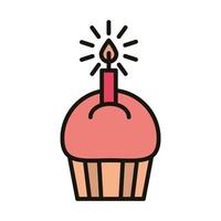 joyeux anniversaire cupcake sucré avec ligne de fête de célébration de bougie et style de remplissage vecteur