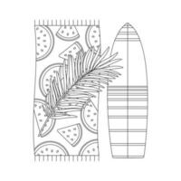 plage ensemble pour été voyages. serviette, paume feuilles, planche de surf. ligne art. vecteur