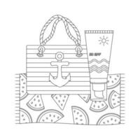 plage ensemble pour été voyages. Soleil crème, sac, serviette. plat vecteur illustration. ligne art.