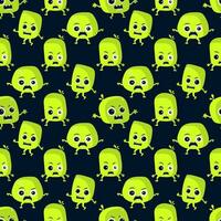 sans couture modèle avec des illustrations de mignonne vert monstres pour le Halloween vacances. vecteur modèle sur une foncé bleu Contexte de peu vert brillant créatures pour vacances en tissu impression ou emballage