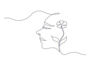 continu ligne art de une content femme avec une fleur, lineart vecteur illustration.