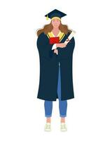 toute la longueur portrait de une femelle étudiant, diplômé dans un académique casquette et robe avec une diplôme dans sa mains. vecteur illustration.