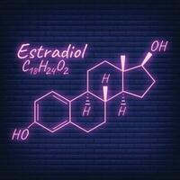 Humain hormone estradiol périodique élément concept chimique squelettique formule icône étiqueter, texte Police de caractère néon lueur vecteur illustration, isolé sur noir.