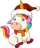 mignonne Licorne dessin animé portant Père Noël chapeau vecteur