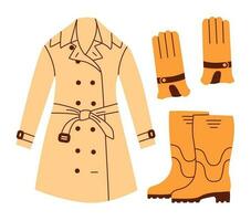 l'automne vêtements. décontractée porte, Extérieur tenues, pluvieux saison accessoires, chaussures, imperméables et gants vecteur dessin animé plat ensemble.