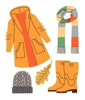 l'automne vêtements. décontractée porte, Extérieur tenues, pluvieux saison accessoires, chaussures, imperméables, chapeau, écharpe et Orange feuille, vecteur dessin animé plat ensemble.