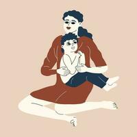 une peu garçon est assis sur le sien de la mère jambes. de la mère l'amour. vecteur illustration