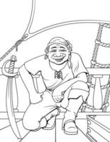 humoristique dessin animé pirate souriant et posant avec sabre sur une navire bureau. coloration page pour enfants. vecteur