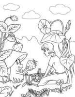 peu fille, champignon avec fraise sur une été prairie. coloration page pour enfants. vecteur