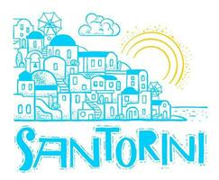 Santorin île, Grèce. magnifique traditionnel blanc architecture et bleu bombé grec orthodoxe des églises plus de le caldeira. vecteur plat illustration dans griffonnage style.