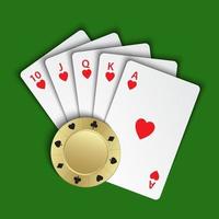 une quinte flush royale de cœurs avec une puce de poker en or sur fond vert, des mains gagnantes de cartes de poker, des cartes à jouer et des jetons de casino, des symboles de poker vectoriels vecteur