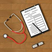 écrire patient médical histoire. des médicaments service, thérapie et consultation, vecteur illustration