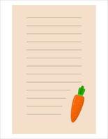 Remarque de mignonne légume étiquette illustration. note, papier. vecteur dessin. l'écriture papier.a feuille pour l'écriture avec carottes