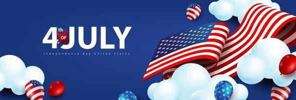 bannière de célébration de la fête de l'indépendance des états-unis avec des ballons américains et le drapeau des états-unis. vecteur