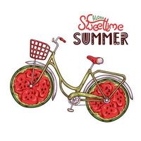 illustration vectorielle de vélo avec pastèque au lieu de roues. vecteur