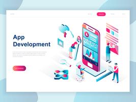 Concept isométrique moderne design plat de développement d'applications pour bannière et site Web. Modèle de page d'atterrissage isométrique. Développement de la programmation d'un nouveau projet à l'aide d'une application mobile. Illu vecteur